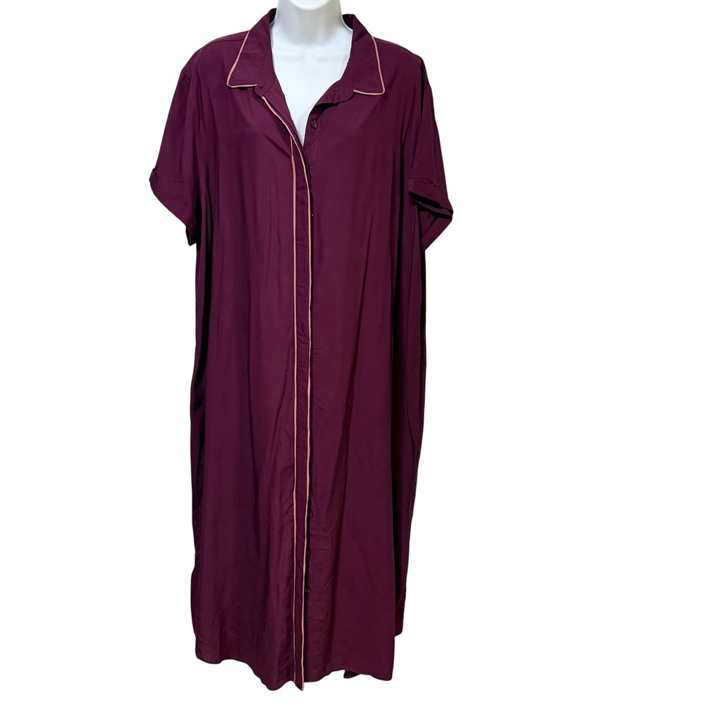 Wildfang Empower Piped Short Sleeve Dress Plum Burgundy Button Front XL WD8210